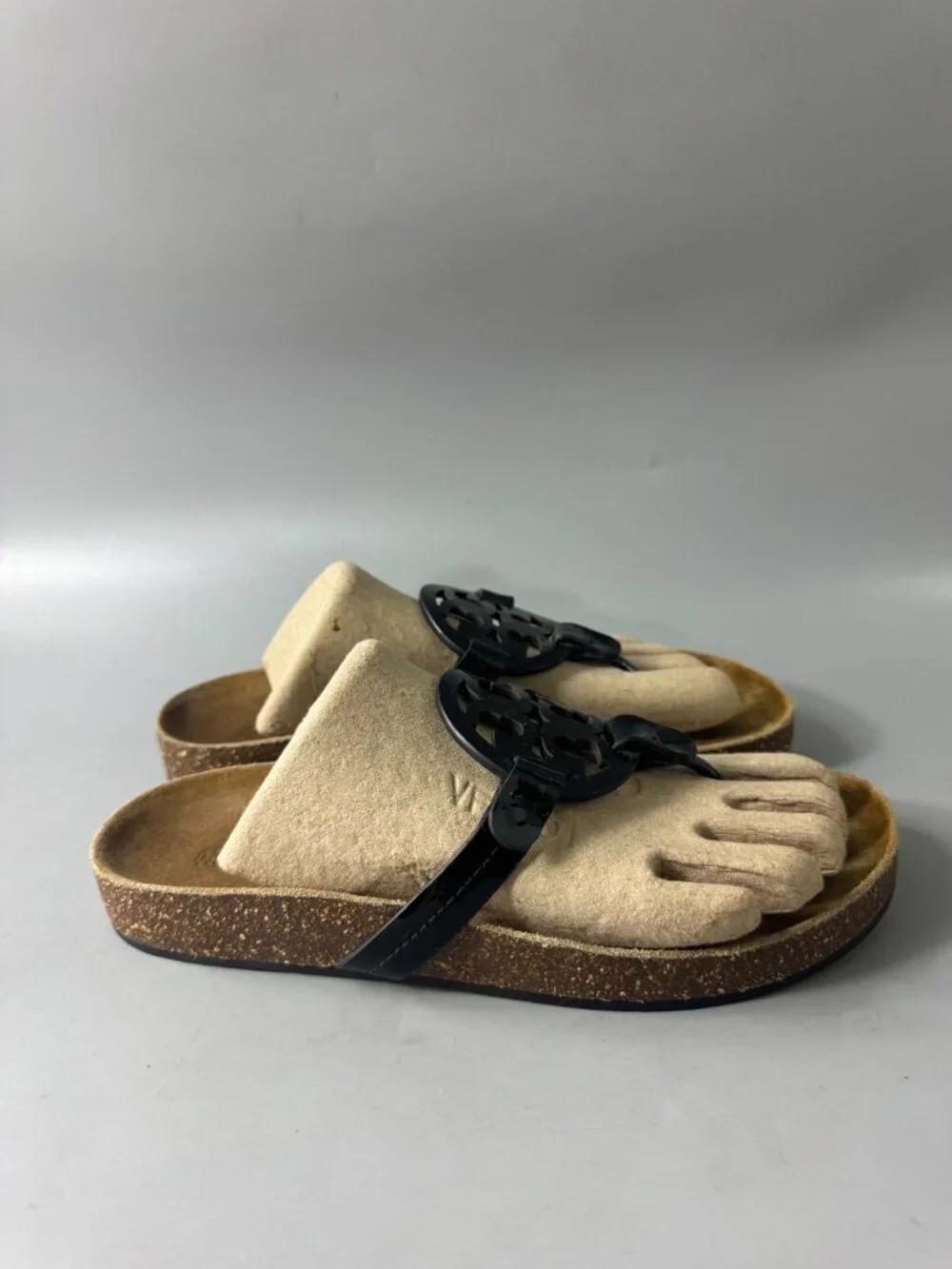 Tory Burch Miller Cloud Patent Cork Black Thong Sandals, Size 8